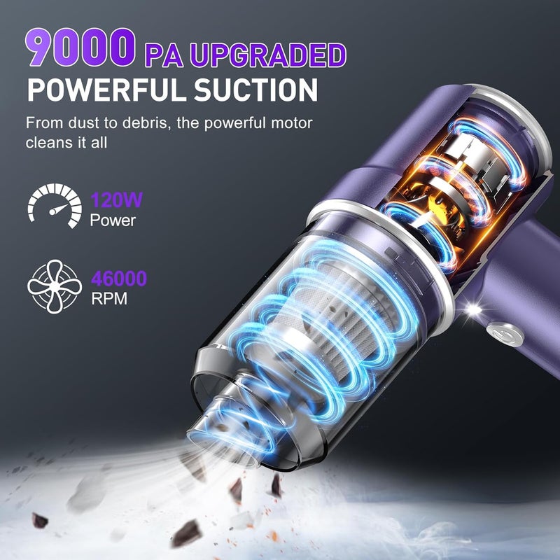 MM Handheld Car Vacuum Cleaner, 9000PA Vacuum Cleaner & Air Duster, 120W High Power Vacuum Portable Cordless, Hand Held Vacuum Rechargeable with Multi-Nozzles & LED Light for Home, Car, Office - Image 2